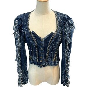 Vtg 80s Western Fringe Denim Jean Statement Jacket Sz S Festival Rockabilly Y2K